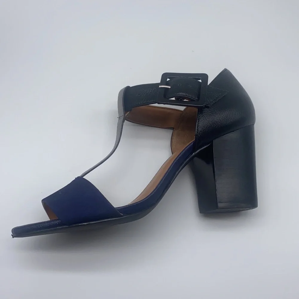 True Soul - Blue Suede And Black and Silver Leather Open Toe Heels Size 7